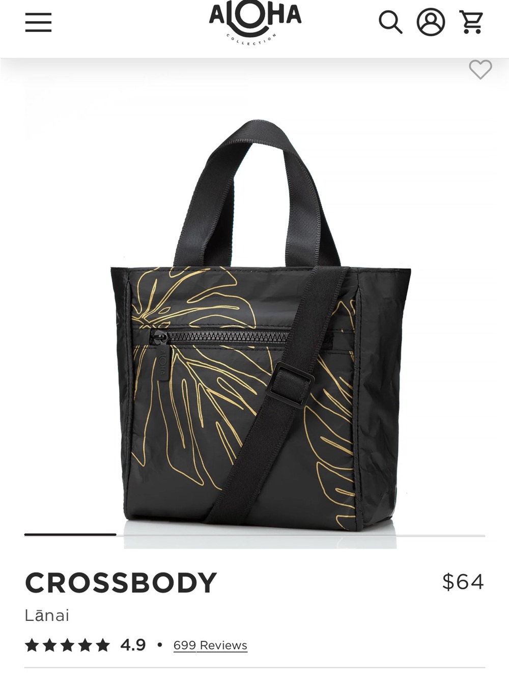 ALOHA Collection Black Crossbody Tote with Gold Leaf Print